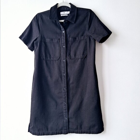 Organic Cotton Button-Down Mini Shirt Dress (Black) - Picture 2 of 4